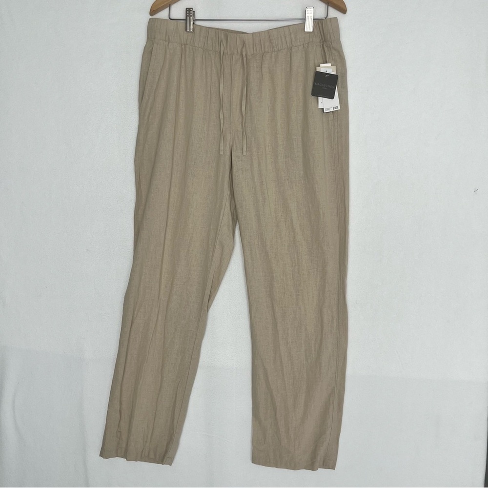 Magaschoni Men's Linen Blend Pants Size MM Beige Drawstring Elastic Waist Casual